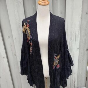 Free People Black Embroidered Open-Front Cape